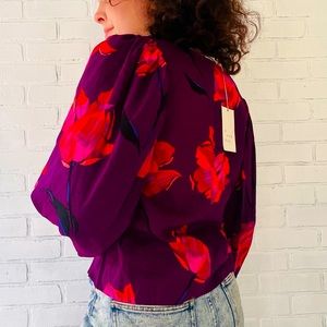 NWT Puffed Long Sleeve Purple Red Floral v-neck Blouse